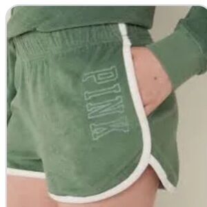 PINK Victoria's Secret Green Athletic Shorts Lightweight Terry Varsity Design. L